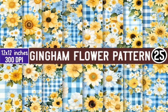 Download Gingham Flower Pattern Digital Paper - Flower Collection